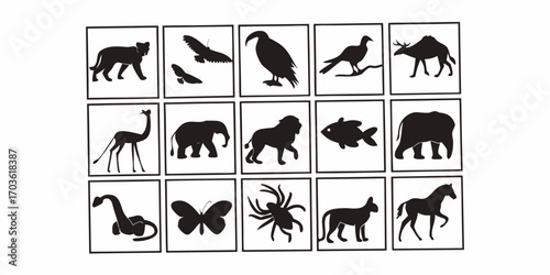 Fifteen animal silhouettes arranged in a grid with a lion, eagle, elephant, horse, and butterfly