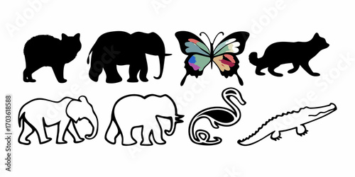 Collection of animal silhouettes including cats elephants butterfly swan and alligator on white background
