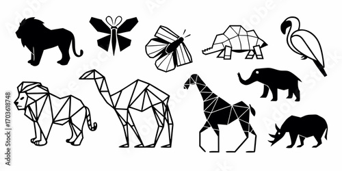 Collection of animal silhouettes including lion butterfly turtle elephant camel and rhinoceros vector art
