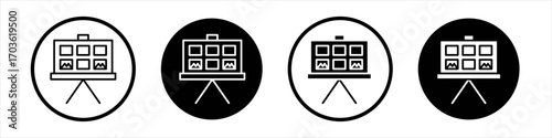 Storyboard icon collection in black and white filled and outlined style for web.