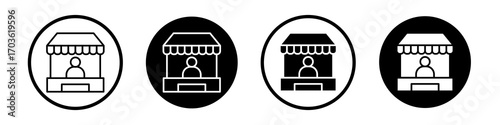 Stall icon collection in black and white filled and outlined style for web.