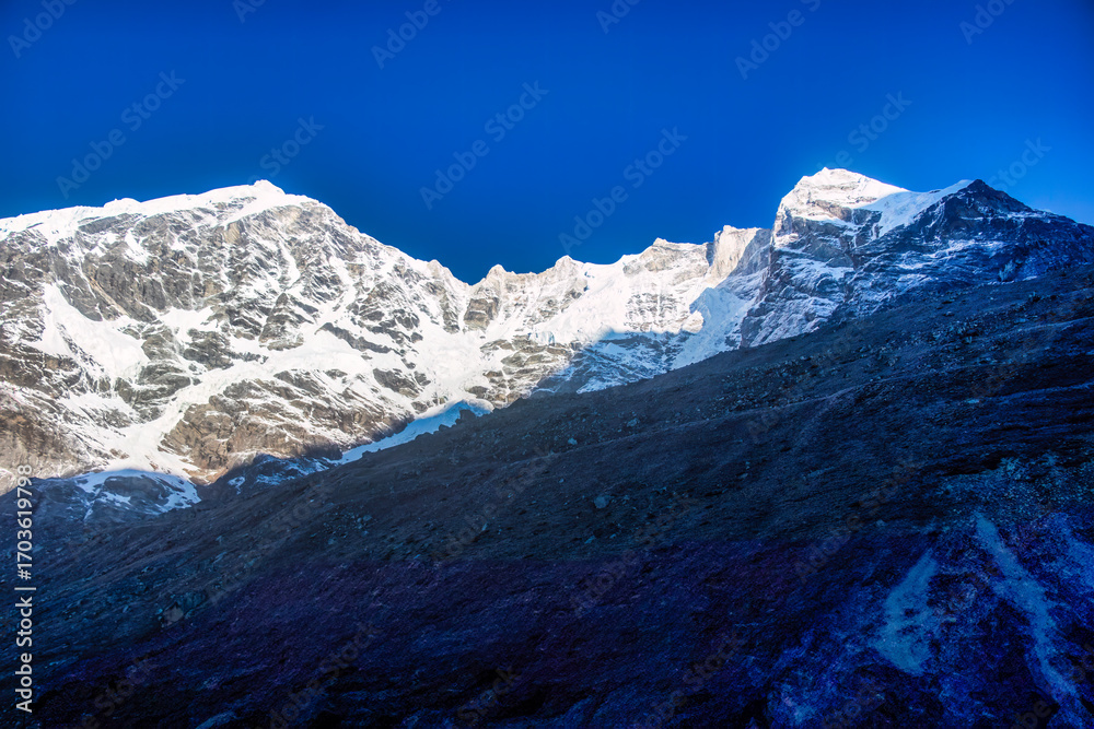 Fototapeta premium Stunning View of Baruntse and Chamlang Peaks from Makalu Base Camp.