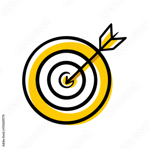 A yellow and black dartboard with an arrow hitting the bullseye, isolated on a, representing success and accuracy in a business context