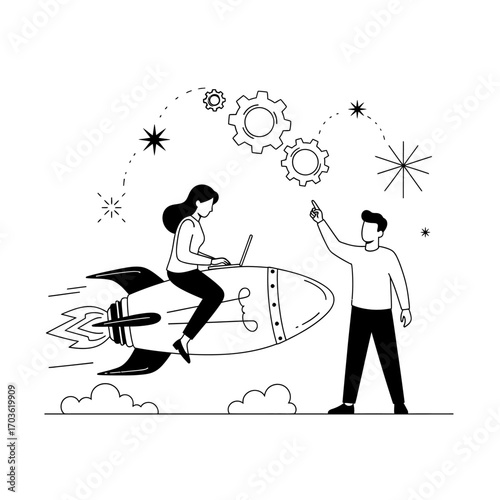 Business people launching rocket with laptop