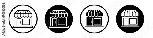Shop icon collection in black and white filled and outlined style for web.