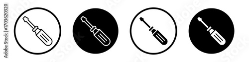 Screwdriver icon collection in black and white filled and outlined style for web.