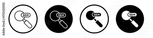 SEM icon collection in black and white filled and outlined style for web.