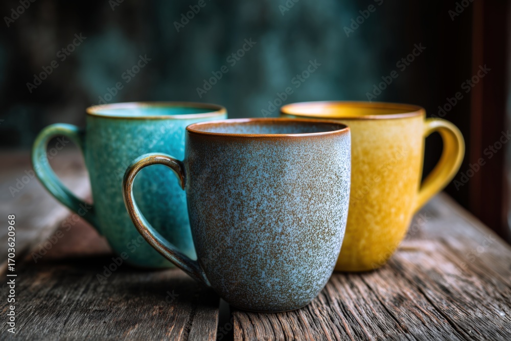 Fototapeta premium Three ceramic mugs with textured matte finish on rustic wooden surface