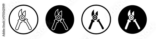 Pruning shears icon collection in black and white filled and outlined style for web.