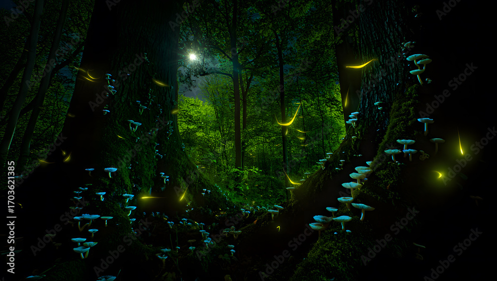Fototapeta premium Magical Forest with Glowing Mushrooms and Fireflies at Night