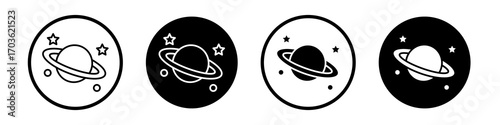 Planet saturn icon collection in black and white filled and outlined style for web.