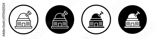 Planetarium icon collection in black and white filled and outlined style for web.