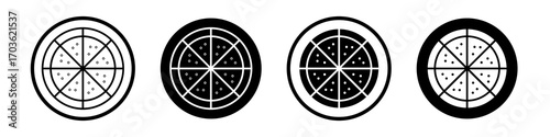 Pizza icon collection in black and white filled and outlined style for web.
