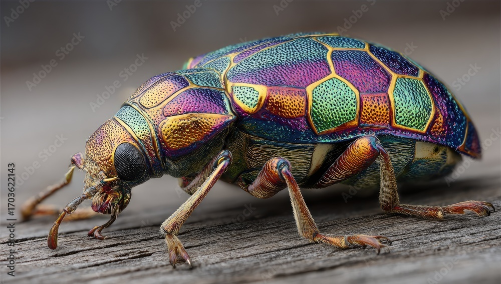 Naklejka premium Close-up of a vibrant, colorful beetle. Its shell is intricately patterned with iridescent hues of gold, purple, green, and other colors. The beetle sits on a weathered wooden surface