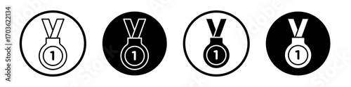 Number one medal icon collection in black and white filled and outlined style for web.