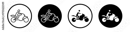 Motorbike riding icon collection in black and white filled and outlined style for web.