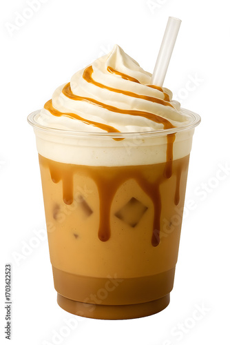 Iced caramel coffee drink with whipped cream and drizzle