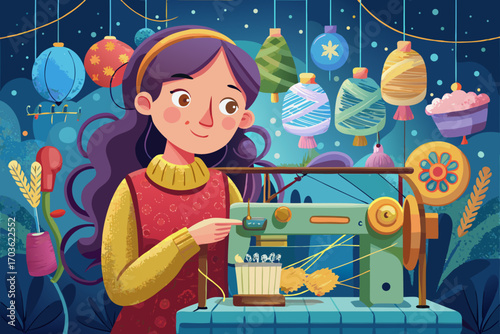 A young lady is sitting in front of the knitting machine and knitting a sweater for her little child. The threads are intertwined and with each movement of the machine, a new pattern appears on the fa