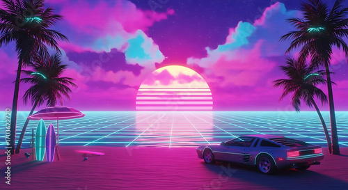 Retro neon beach sunset with car and palm trees image