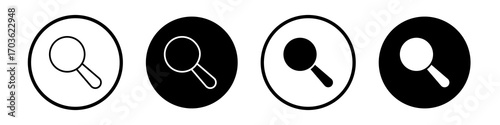 Loupe icon collection in black and white filled and outlined style for web.