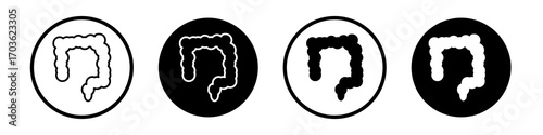 Large intestine icon collection in black and white filled and outlined style for web.