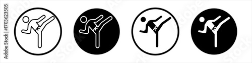 Karate fighter icon collection in black and white filled and outlined style for web.