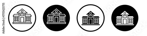 Institution icon collection in black and white filled and outlined style for web.