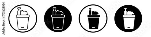Ice bucket and bottle icon collection in black and white filled and outlined style for web.