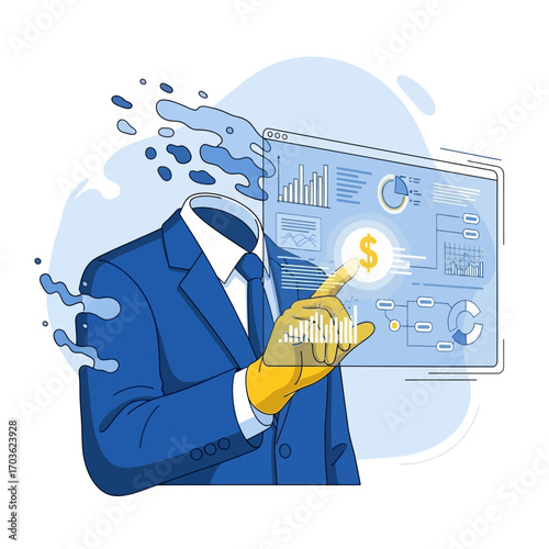 Businessman in suit interacting with futuristic financial data on screen