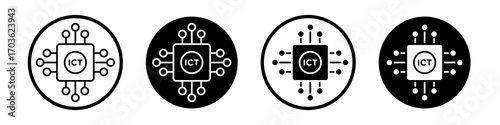 ICT icon collection in black and white filled and outlined style for web.
