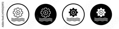 Hydraulic energy icon collection in black and white filled and outlined style for web.