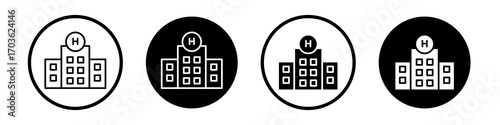 Hospital icon collection in black and white filled and outlined style for web.