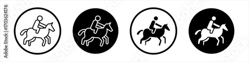 Horse riding icon collection in black and white filled and outlined style for web.