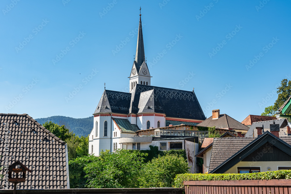 Fototapeta premium Tower of the Catholic Church of St. Martin Parish on Lake Bled, Slovenia