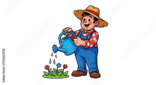 Cartoon Farmer Watering Flowers with Blue Watering Can.