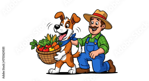Cartoon Farmer and Dog with Harvest Basket of Vegetables.