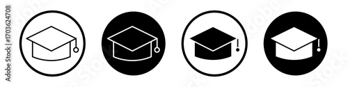 Graduation hat icon collection in black and white filled and outlined style for web.