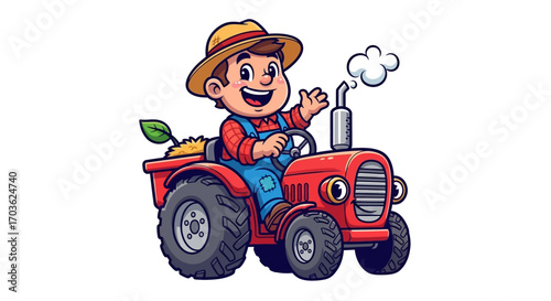 Cartoon Farmer Driving a Red Tractor with Straw Hat and Overalls.