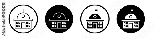 Government building icon collection in black and white filled and outlined style for web.
