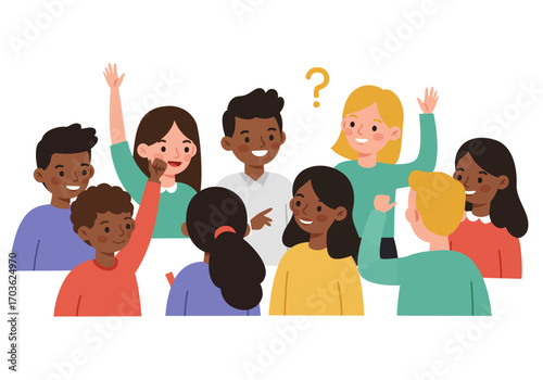 Diverse Group of Children Raising Hands with Question Mark Above.