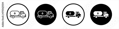 Fuel truck icon collection in black and white filled and outlined style for web.