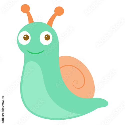 Cheerful cartoon snail with a friendly smile and a cute swirling shell on white backdrop
