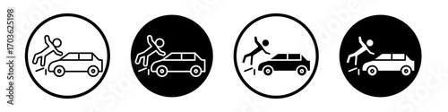 Frontal crash icon collection in black and white filled and outlined style for web.