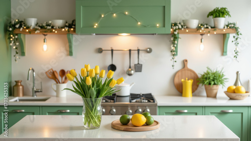 Bright yellow tulips in vase enhance cozy kitchen atmosphere, complemented by fresh fruits and warm lighting
