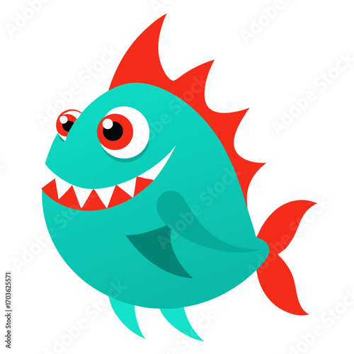 Cartoon piranha with big eyes and sharp teeth swimming playfully on a white background cheerfully