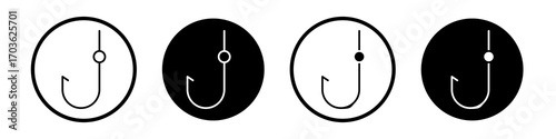 Fishing Hook icon collection in black and white filled and outlined style for web.