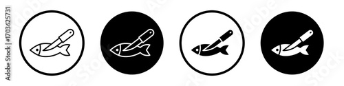 Fish and a knife icon collection in black and white filled and outlined style for web.