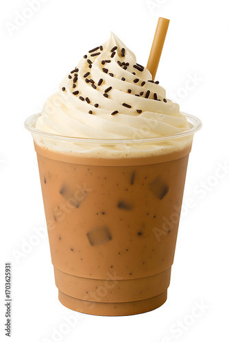 Iced coffee drink with whipped cream and sprinkles in a clear cup