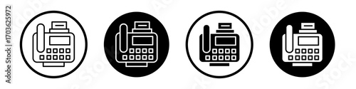 Fax machine icon collection in black and white filled and outlined style for web.