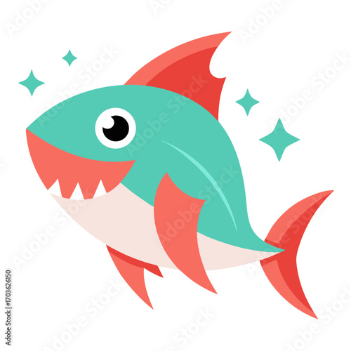 Cute cartoon shark illustration with sparkling stars isolated on white background design element